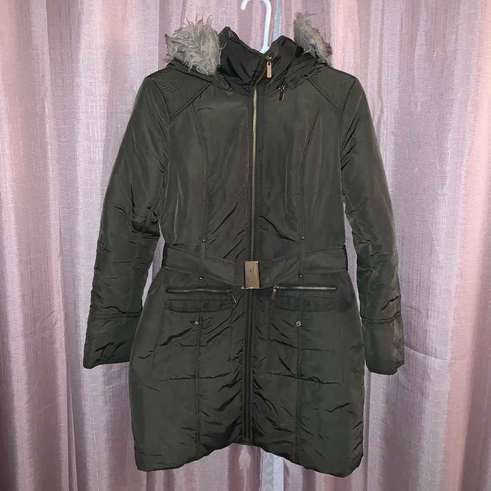 Green belted hooded long jacket small